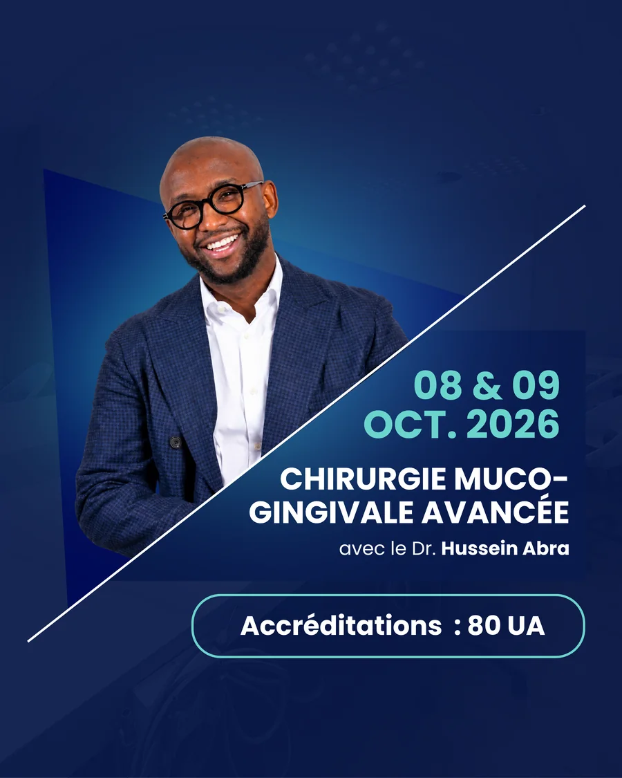Affiche de la masterclass Chirurgie muco-gingivale avancee avec le Dr Hussein Abra, 8 et 9 octobre 2026, accreditations 80 UA